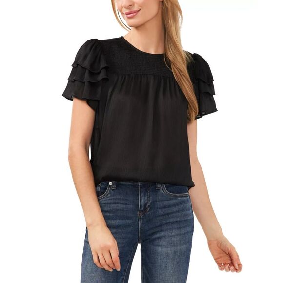 CeCe Women's Top Sz S Solid Ruffled Sleeve Smocked Yoke Blouse - Picture 1 of 3